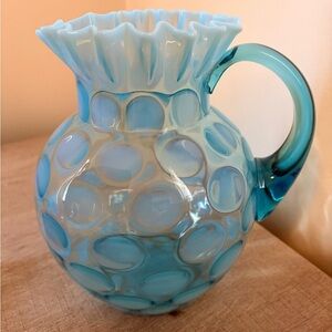 Vintage Fenton Blue Opalescent Coin Spot Pitcher 9" Ruffled Rim Art Glass